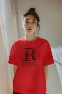 ai created mockup of a woman wearing a t-shirt with a round neck at home