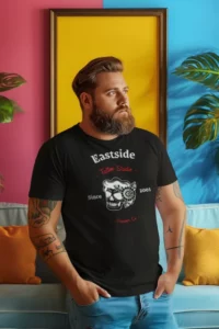 ai generated mockup of a bearded man with a tattooed arm wearing a t-shirt