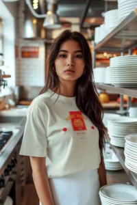 t-shirt mockup featuring an ai created-woman working in a restaurant kitchen