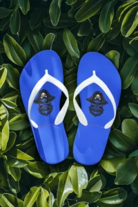 mockup of a pair of ai generated flip flops placed on a leaves background